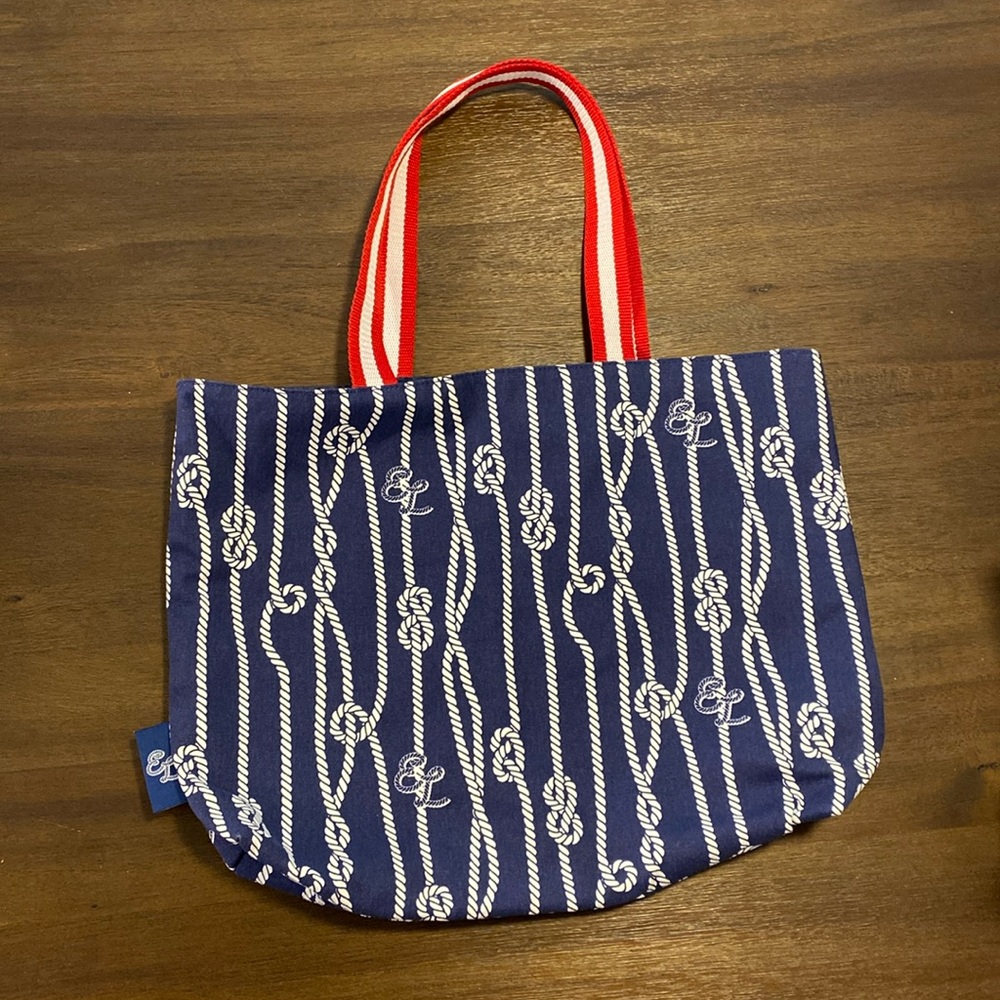 Navy and White Estēe Lauder Nautical Print Tote Bag with Red and White Handles